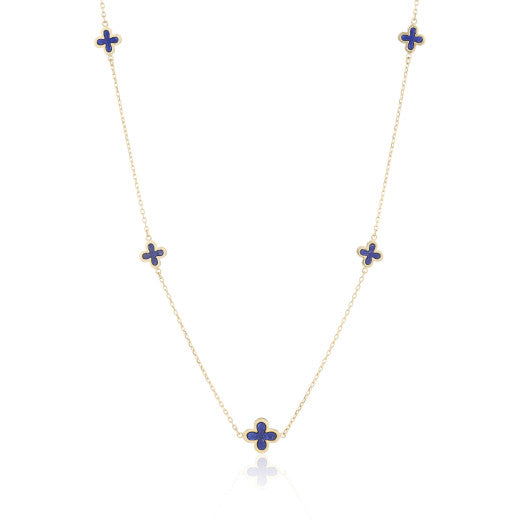 9ct Yellow Gold 5 Lapis Flower Motif Chain Necklace