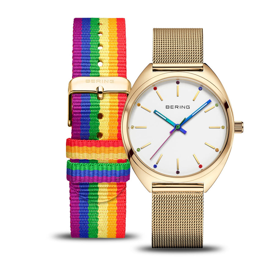 Bering FREEDOM Gold Plated Stainless Steel Mesh & Multi Colour Strap Watch