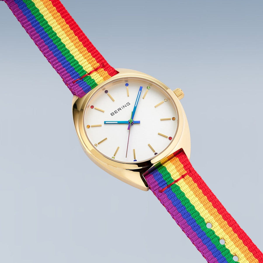 Bering FREEDOM Gold Plated Stainless Steel Mesh & Multi Colour Strap Watch