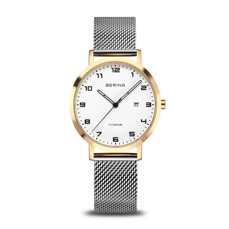 Bering Titanium Gold Case White Dial & Stainless Steel Bracelet