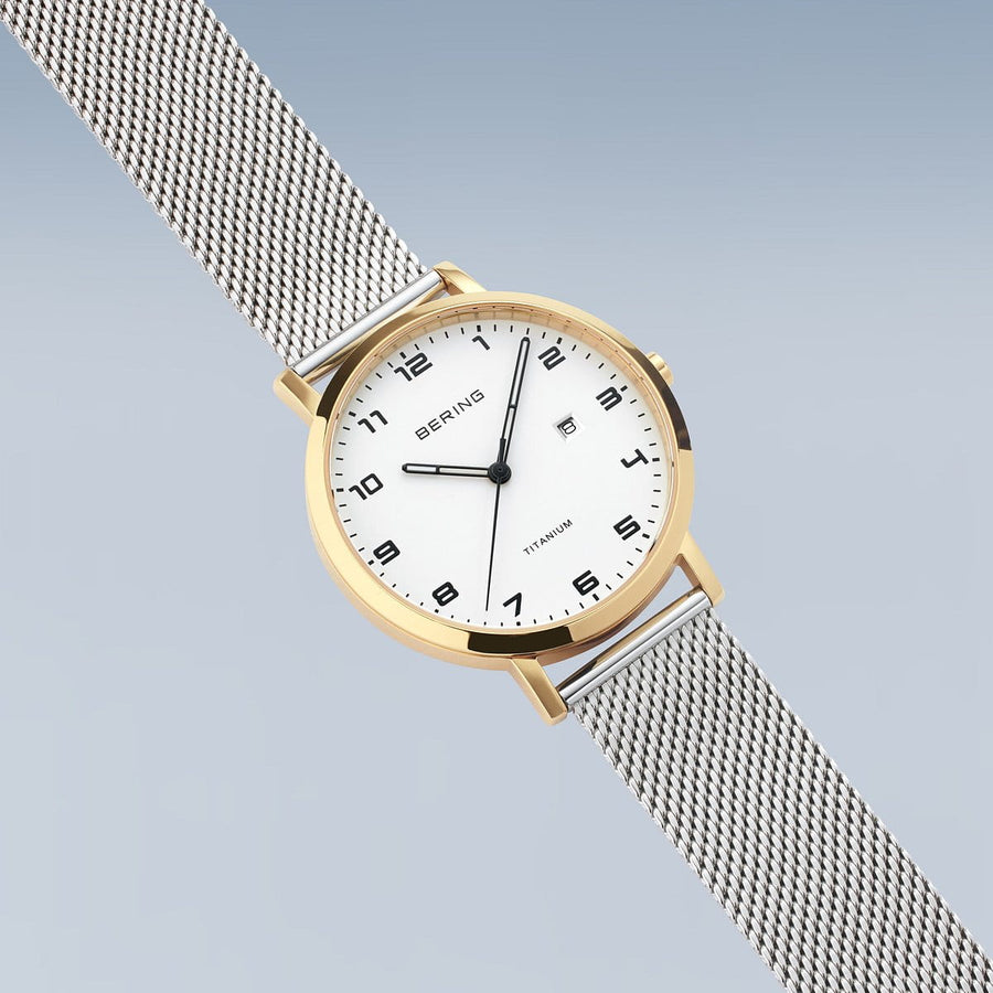 Bering Titanium Gold Case White Dial & Stainless Steel Bracelet