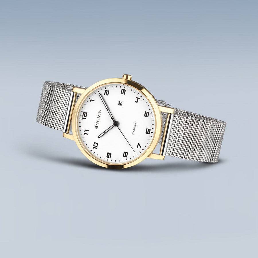 Bering Titanium Gold Case White Dial & Stainless Steel Bracelet