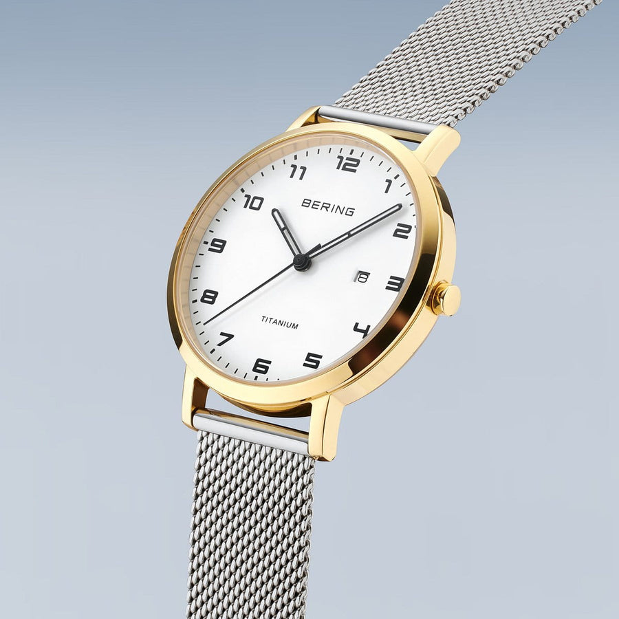 Bering Titanium Gold Case White Dial & Stainless Steel Bracelet