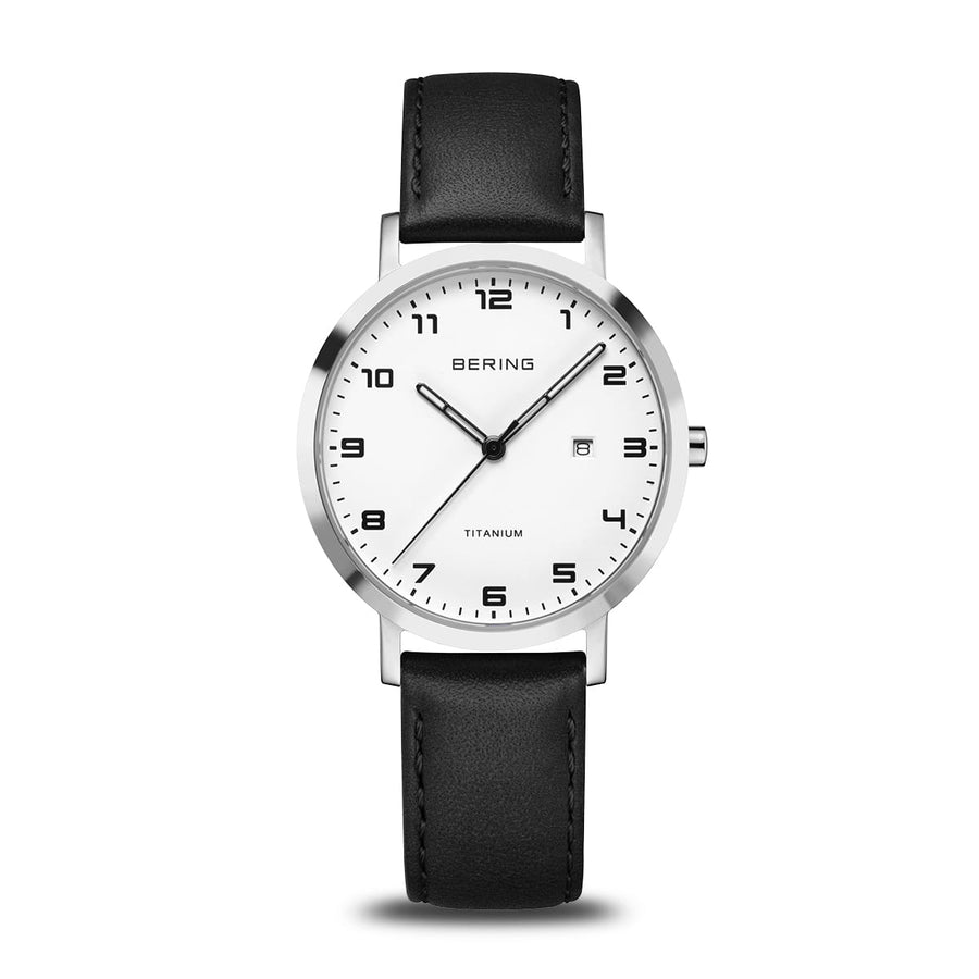 Bering Titanium White Dial & Black Leather Strap Watch