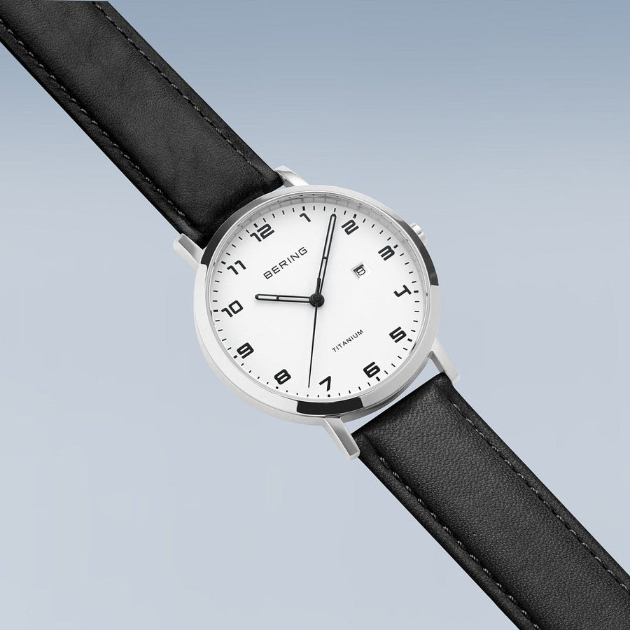 Bering Titanium White Dial & Black Leather Strap Watch