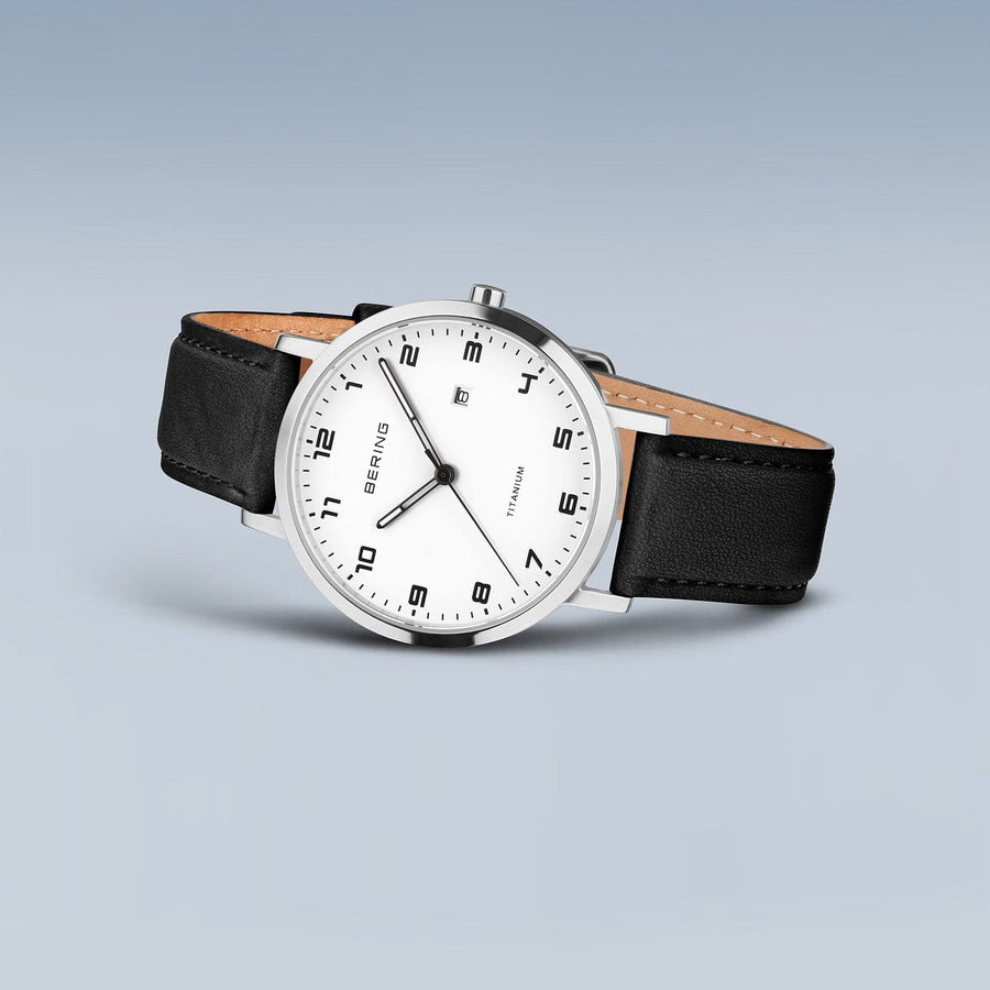 Bering Titanium White Dial & Black Leather Strap Watch