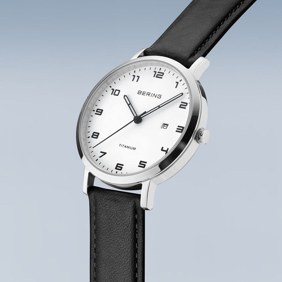 Bering Titanium White Dial & Black Leather Strap Watch