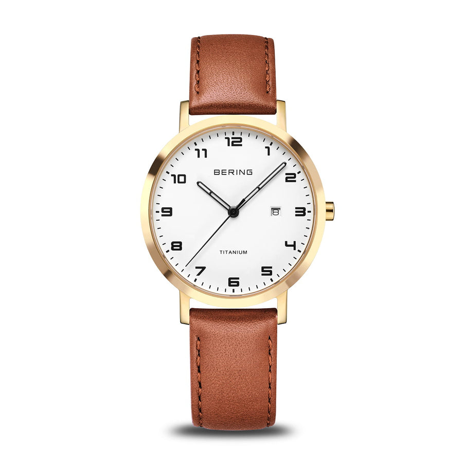 Bering Titanium Gold White Dial & Tan Leather Strap Watch