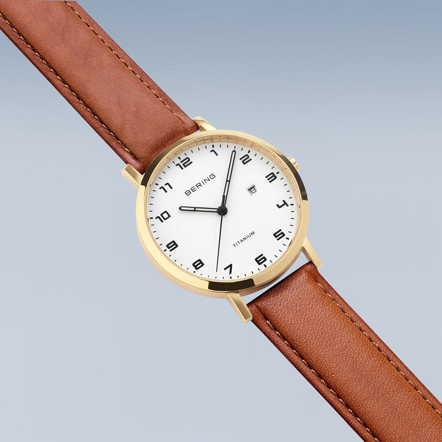 Bering Titanium Gold White Dial & Tan Leather Strap Watch