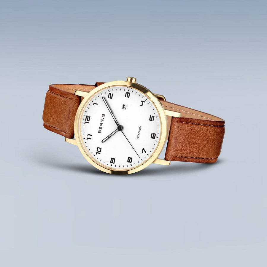 Bering Titanium Gold White Dial & Tan Leather Strap Watch