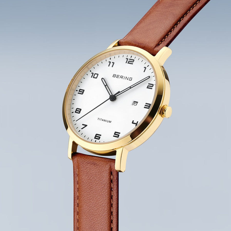 Bering Titanium Gold White Dial & Tan Leather Strap Watch