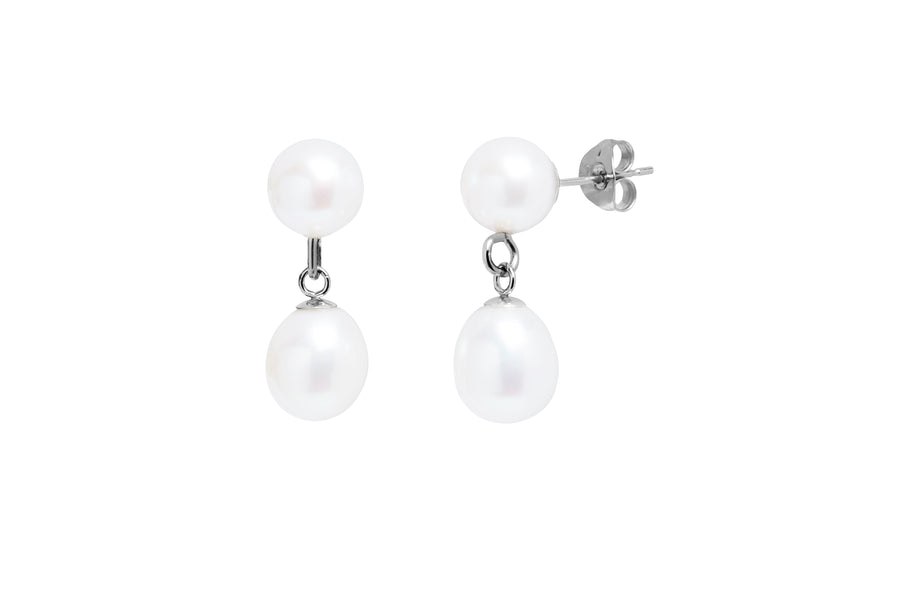 9ct White Gold White Round Freshwater Double Pearl Drop Earrings