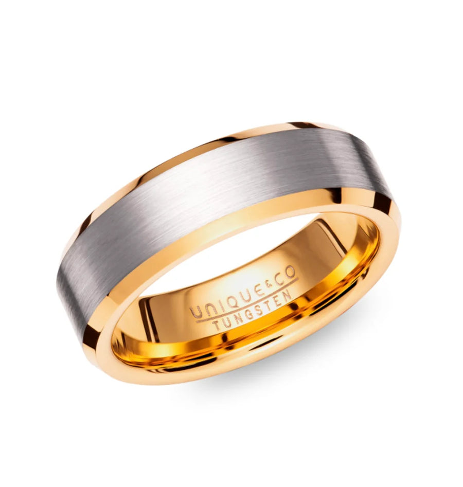 Unique Gents Tungsten 7mm Gold IP Plated Ring