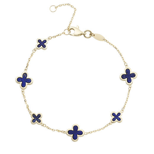 9ct Yellow Gold 6 Lapis Flower Motif Chain Bracelet