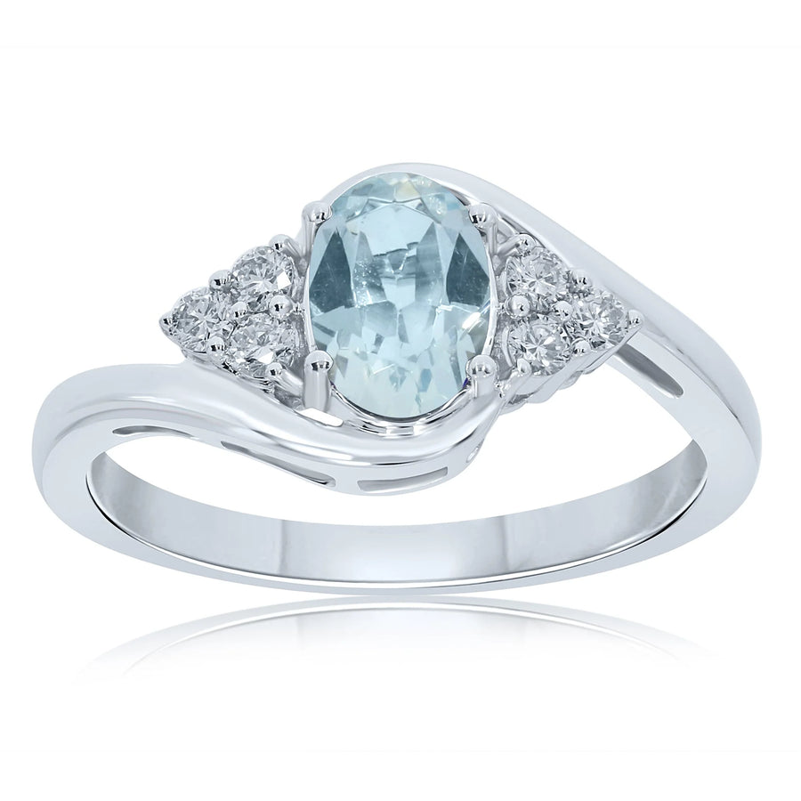 9ct White Gold Aquamarine and Triple Diamond Cross Over Ring