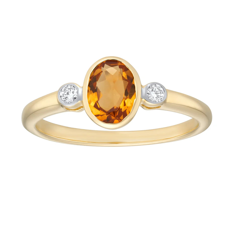 9ct Yellow Gold 7x5mm Citrine & 0.07ct Diamond Set Ring