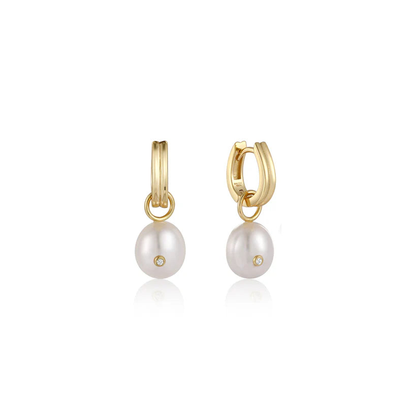 Ania Haie Gold Plate Pearl Drop Sparkle Huggie Hoop Earrings