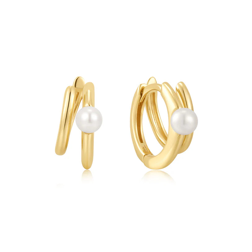 Ania Haie Gold Plated Silver Duo Freshwater Pearl Huggies