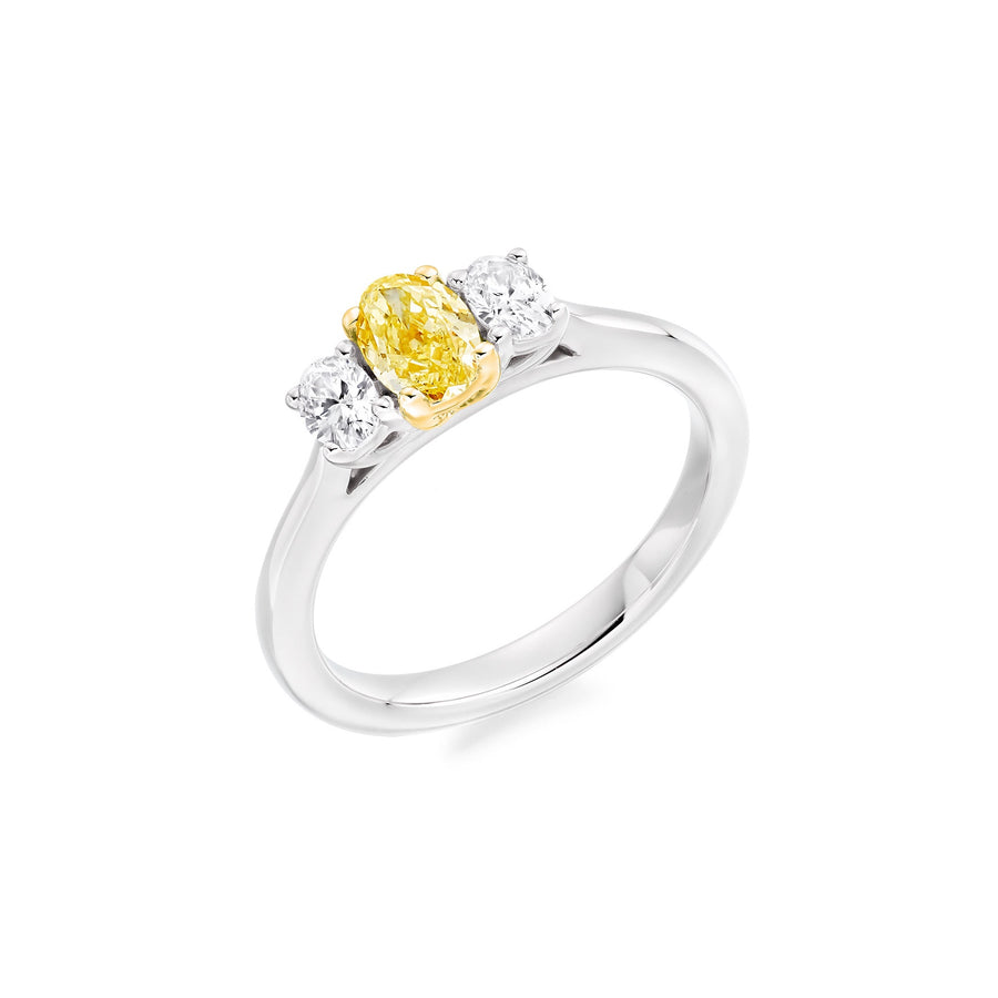 Platinum 0.52ct Oval Fancy Yellow Diamond Center Trilogy Engagement Ring