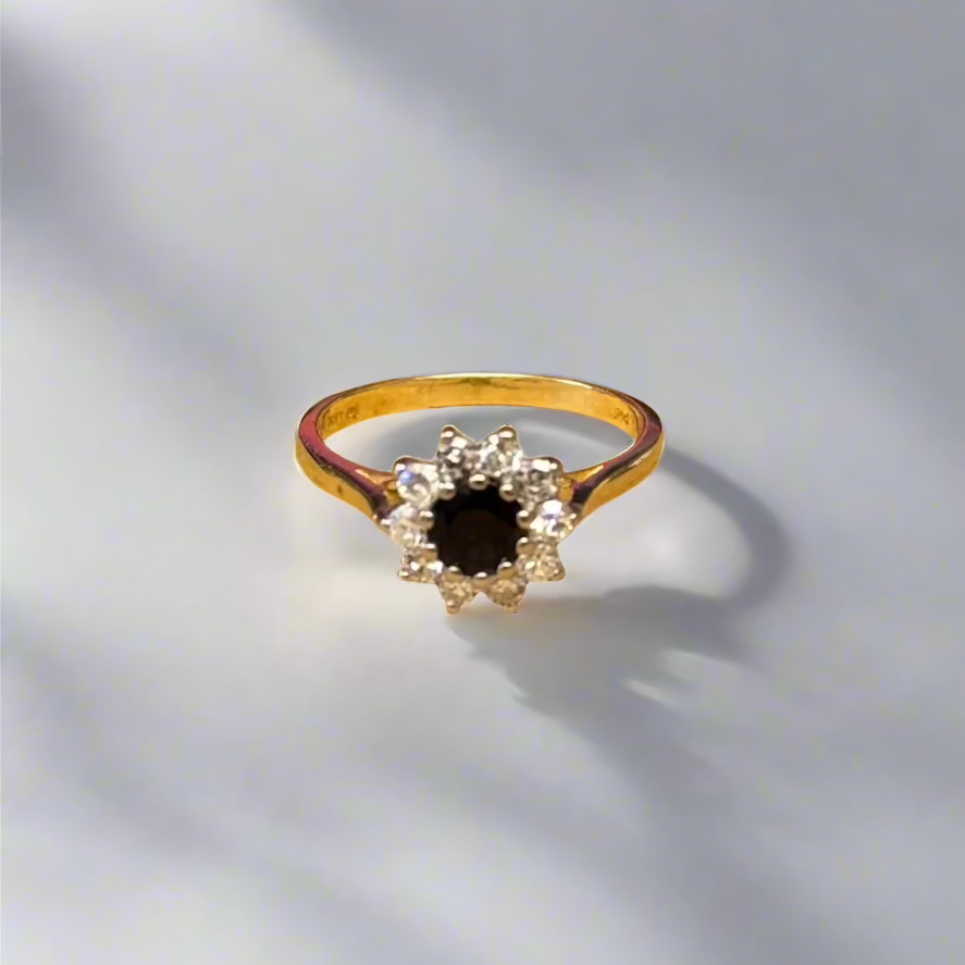 Previously Owned 18ct Yellow Gold Sapphire & Eight Cut Diamond Cluster Ring