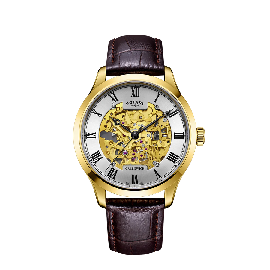 Rotary Gents Gold Skeleton Automatic 'Greenwich' & Brown Strap Watch