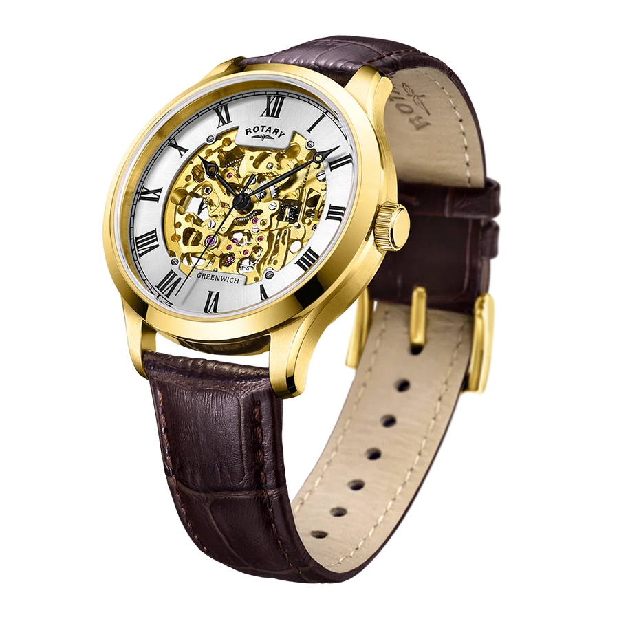 Rotary Gents Gold Skeleton Automatic 'Greenwich' & Brown Strap Watch