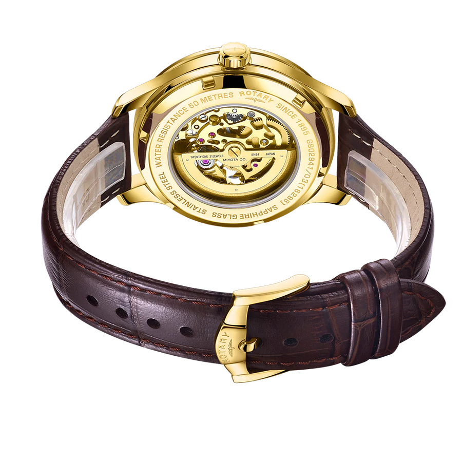 Rotary Gents Gold Skeleton Automatic 'Greenwich' & Brown Strap Watch