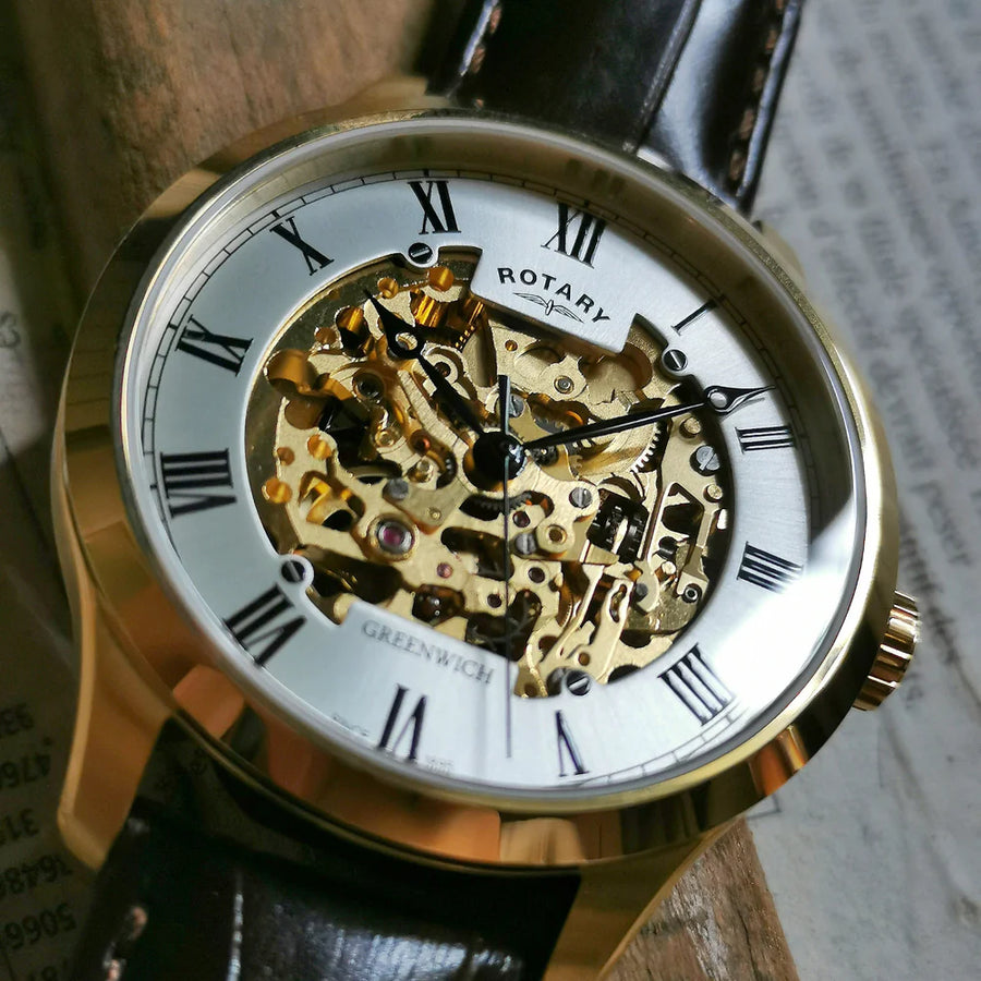 Rotary Gents Gold Skeleton Automatic 'Greenwich' & Brown Strap Watch