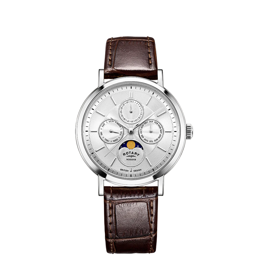 Rotary Gents Steel Moonphase Dress Brown Leather Watch