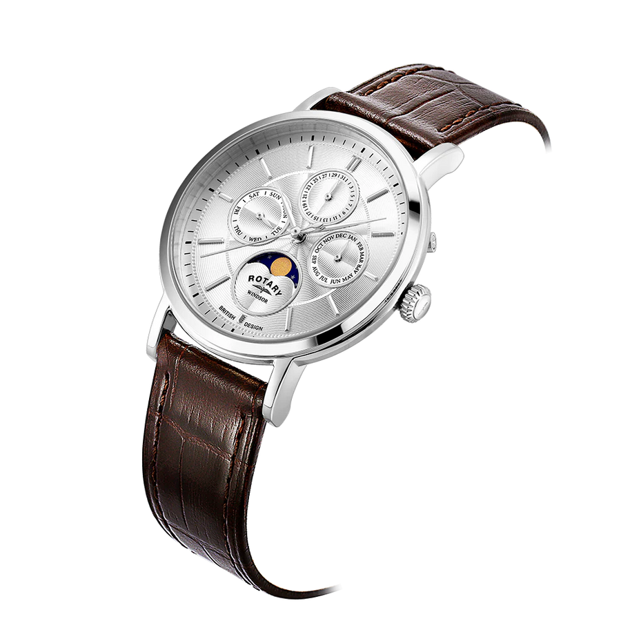 Rotary Gents Steel Moonphase Dress Brown Leather Watch