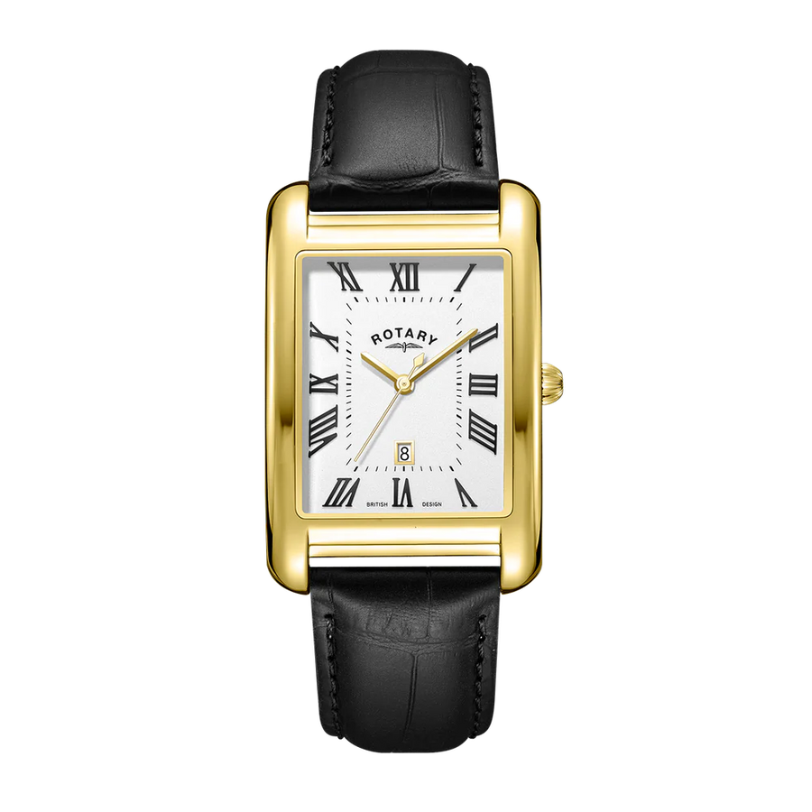 Rotary Gents Gold Plated Rectangular Black Leather Watch