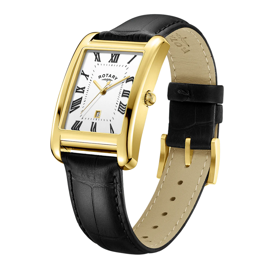 Rotary Gents Gold Plated Rectangular Black Leather Watch