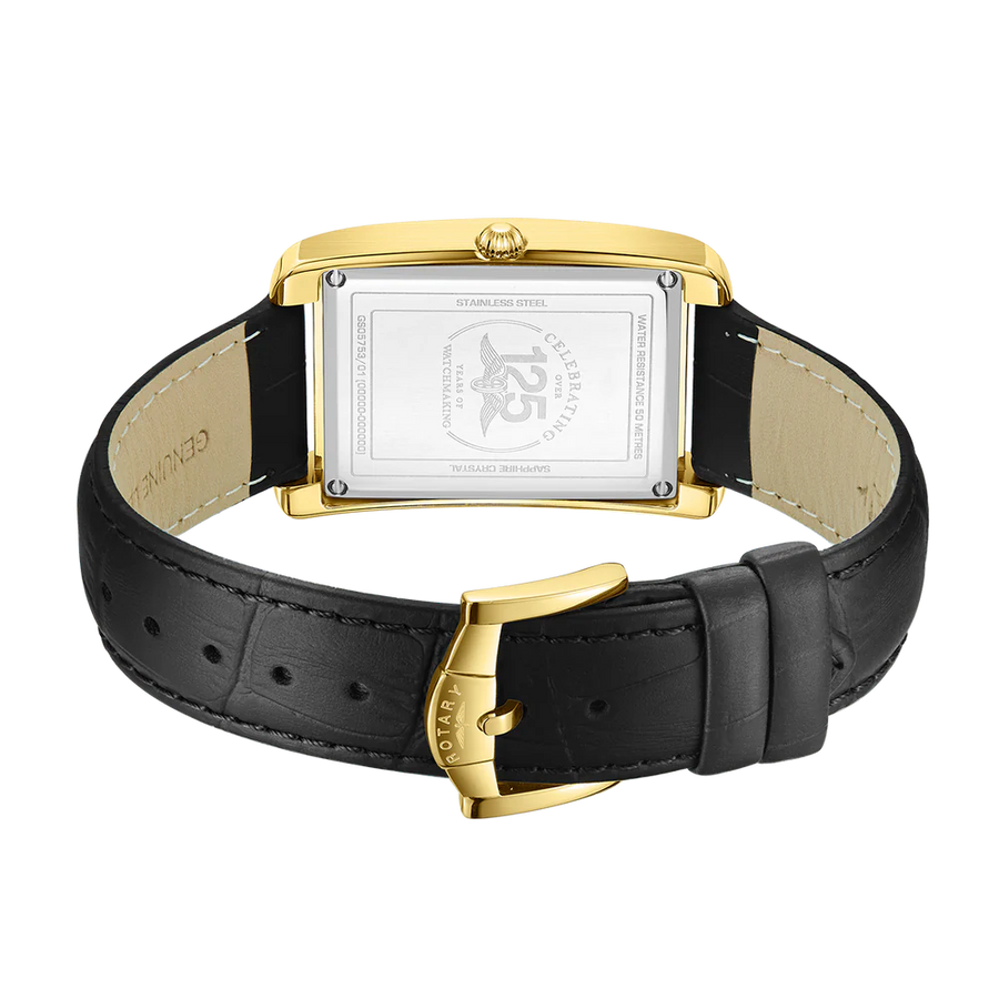 Rotary Gents Gold Plated Rectangular Black Leather Watch