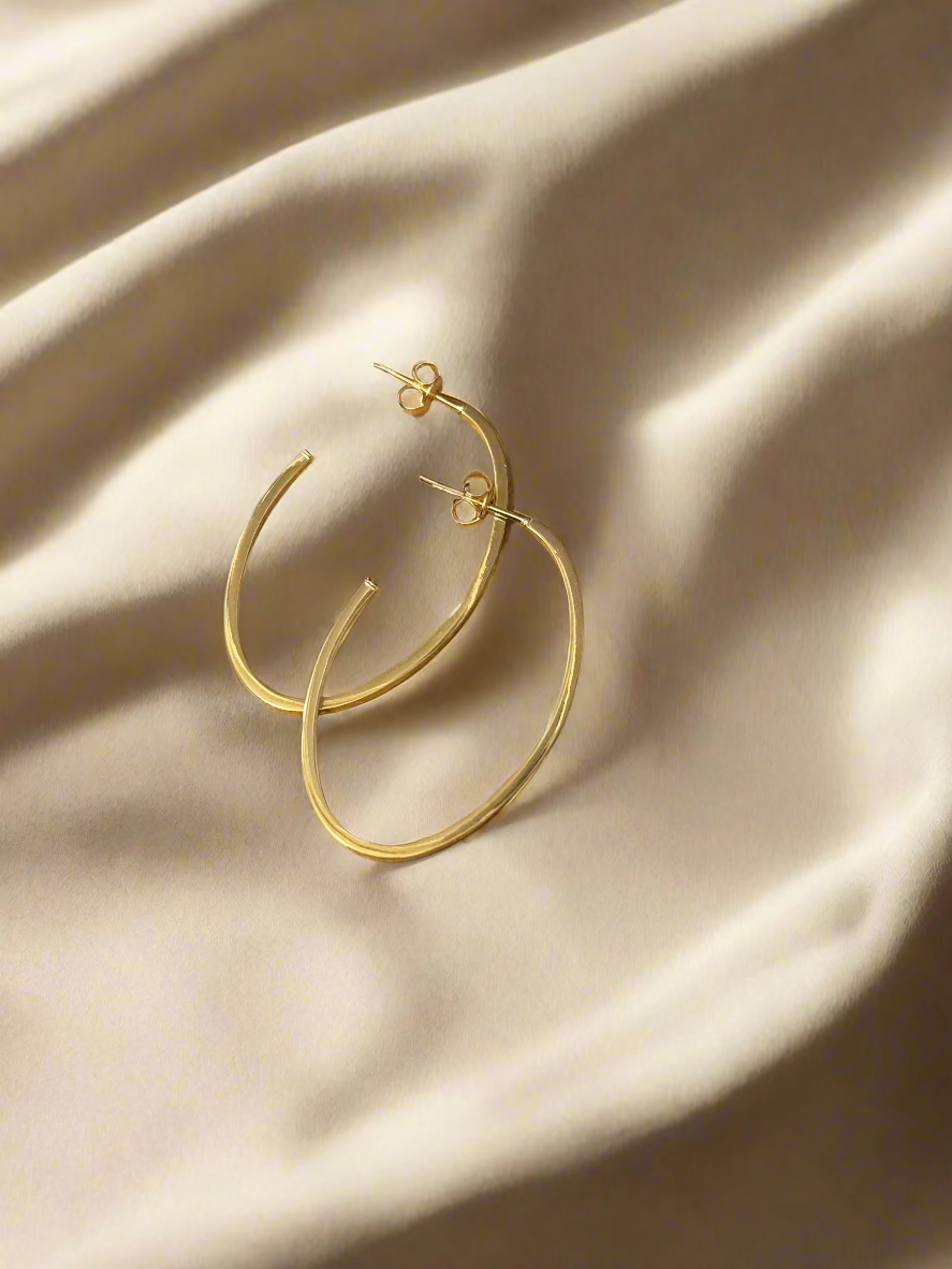 9ct Yellow Gold Large Square Profile Oval 3/4 Hoop Earrings