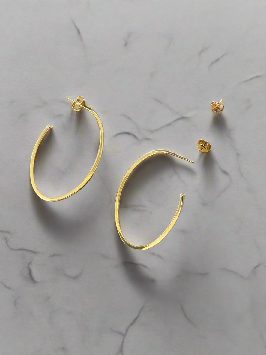 9ct Yellow Gold Large Square Profile Oval 3/4 Hoop Earrings