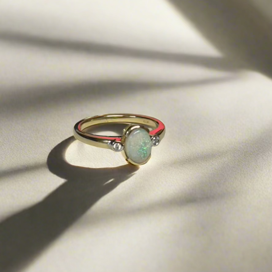 9ct Yellow Gold Opal and Diamond Three Stone Ring