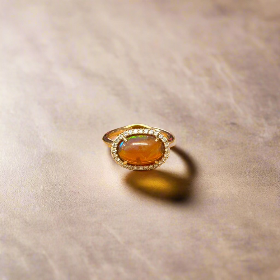 18ct Rose Gold Oval Opal & 0.20ct Diamond Surround Ring