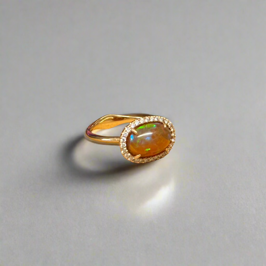 18ct Rose Gold Oval Opal & 0.20ct Diamond Surround Ring