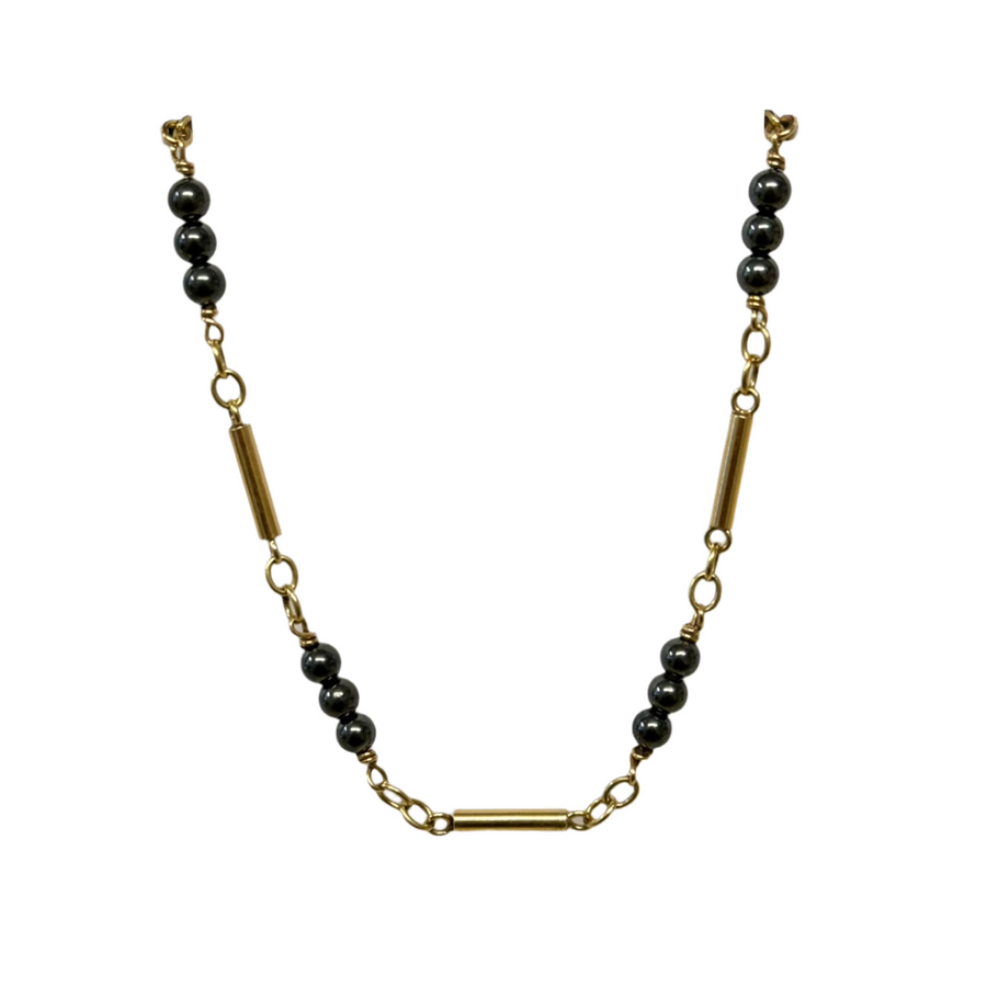 Previously Owned 9ct Yellow Gold Hematite Bead & Tube Link Necklace