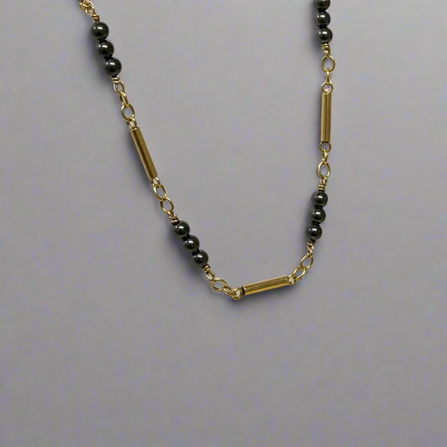 Previously Owned 9ct Yellow Gold Hematite Bead & Tube Link Necklace