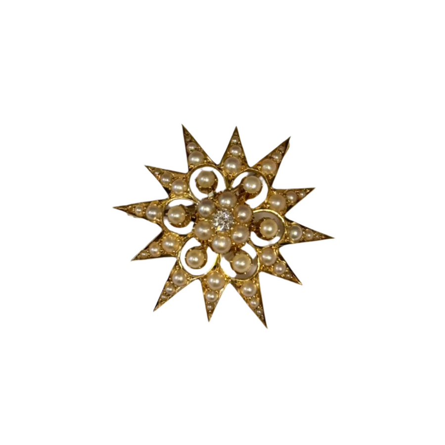 Previously Owned 15ct Yellow Gold Pearl & Diamond Set Star Brooch