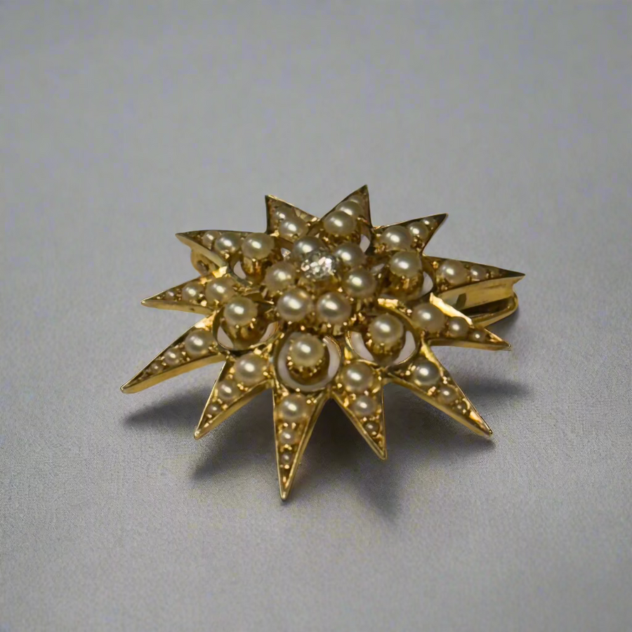 Previously Owned 15ct Yellow Gold Pearl & Diamond Set Star Brooch