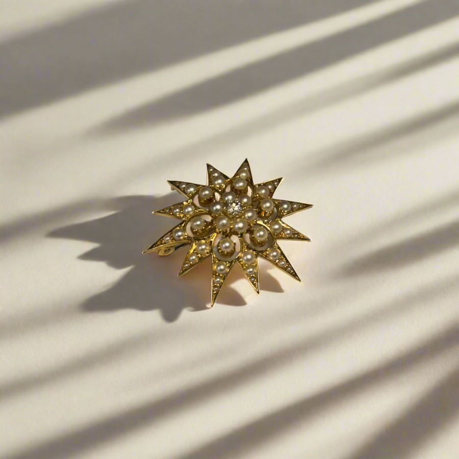 Previously Owned 15ct Yellow Gold Pearl & Diamond Set Star Brooch