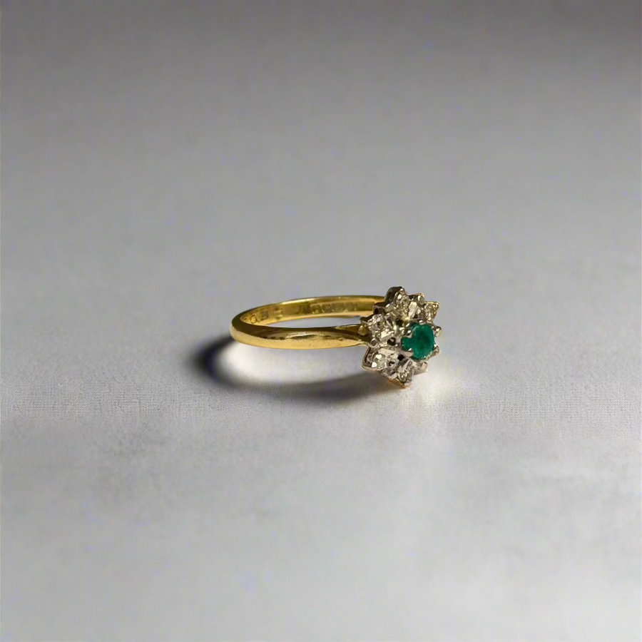 Previously Owned 18ct Yellow Gold Emerald & Diamond Cluster Ring