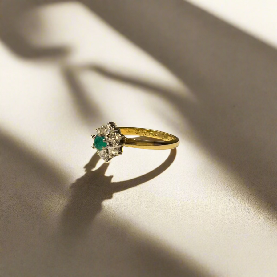 Previously Owned 18ct Yellow Gold Emerald & Diamond Cluster Ring