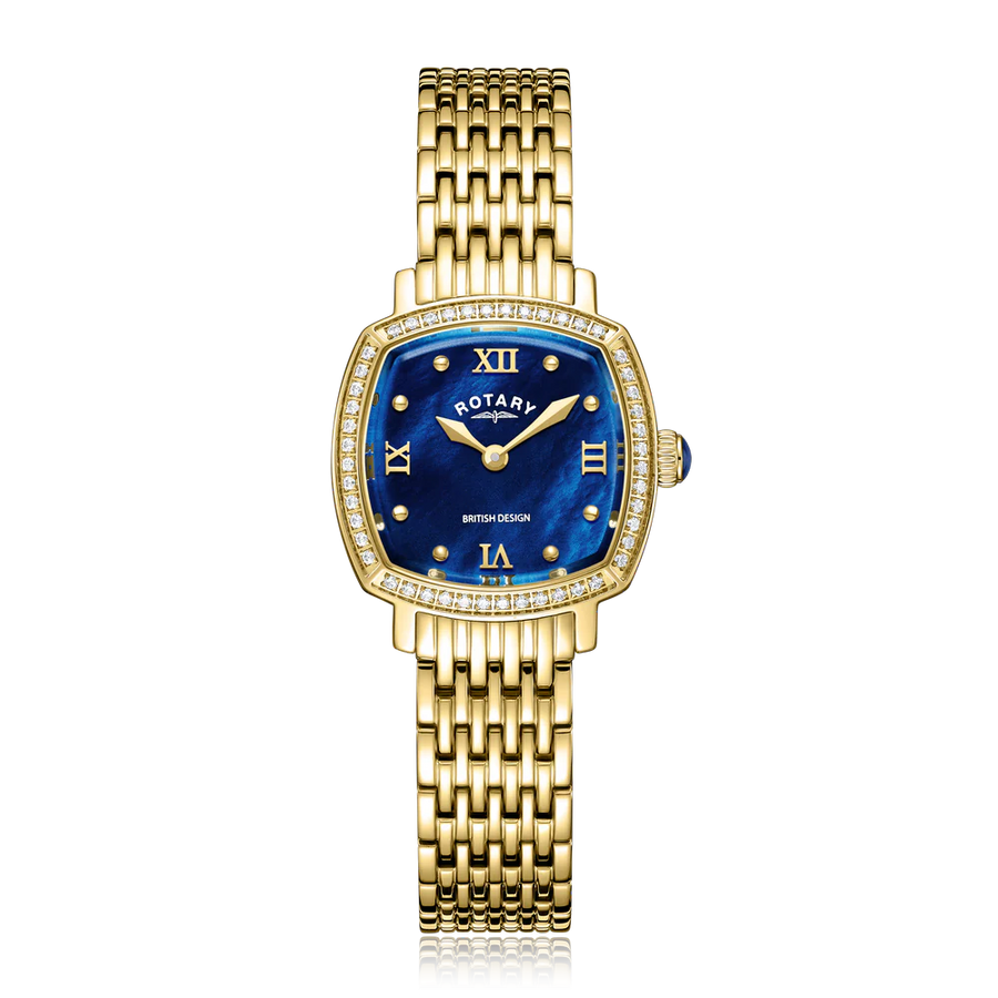 Rotary Ladies Gold Plated CZ Blue Dial Traditional Bracelet Watch