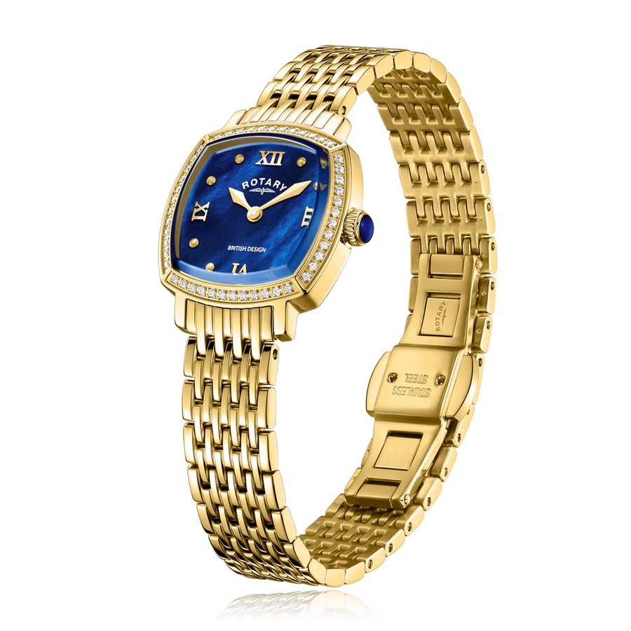 Rotary Ladies Gold Plated CZ Blue Dial Traditional Bracelet Watch