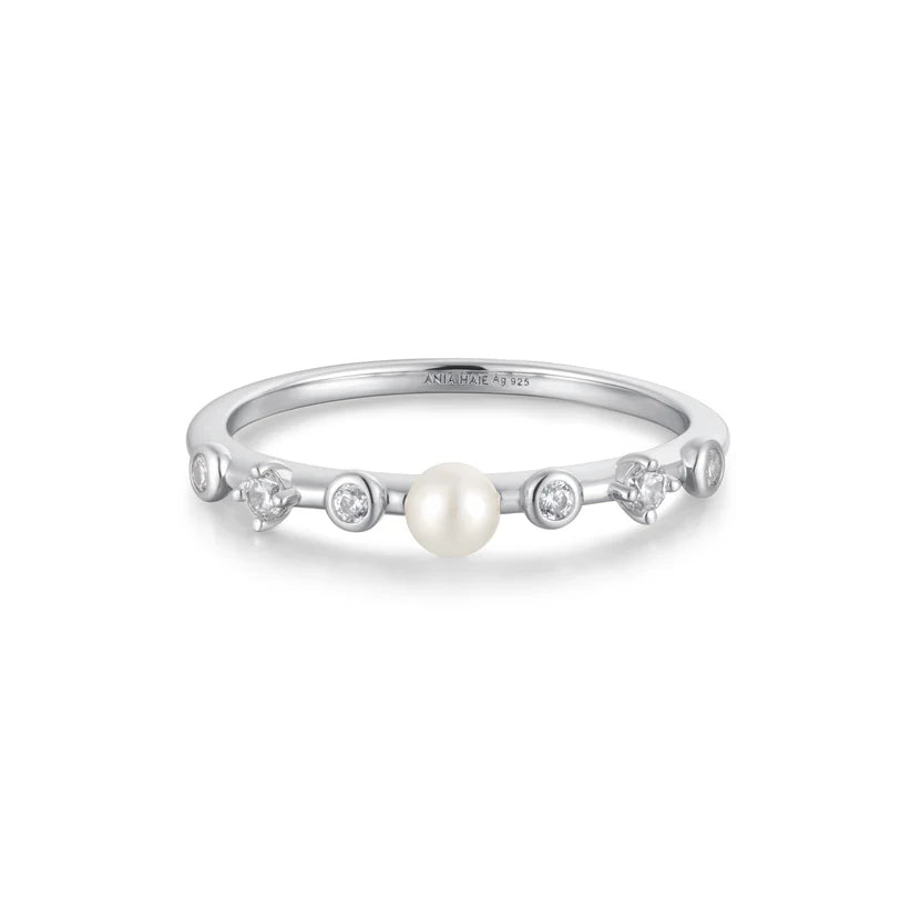 Ania Haie Silver Freshwater Pearl & White Cubic Zirconia Bezel Set Ring