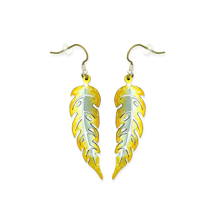 Yellow Titanium Cut-Out Long Leaf Drop Earrings