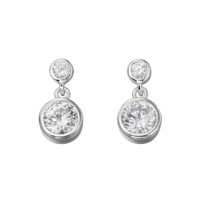 Sterling Silver Round Double CZ Drop Earrings